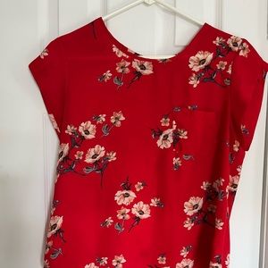 Lily white red floral sheer medium cap sleeve shirt